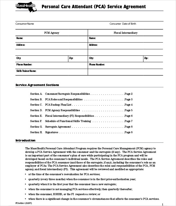 personal care attendant service agreement