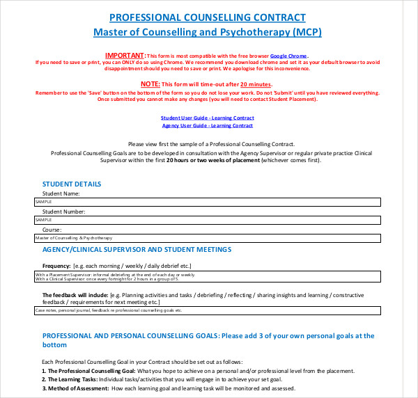 professional counselling contract