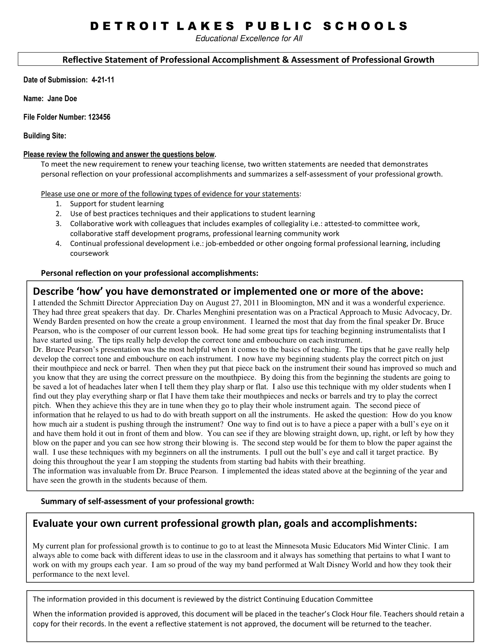 Reflective Statement Form Sample 1 1