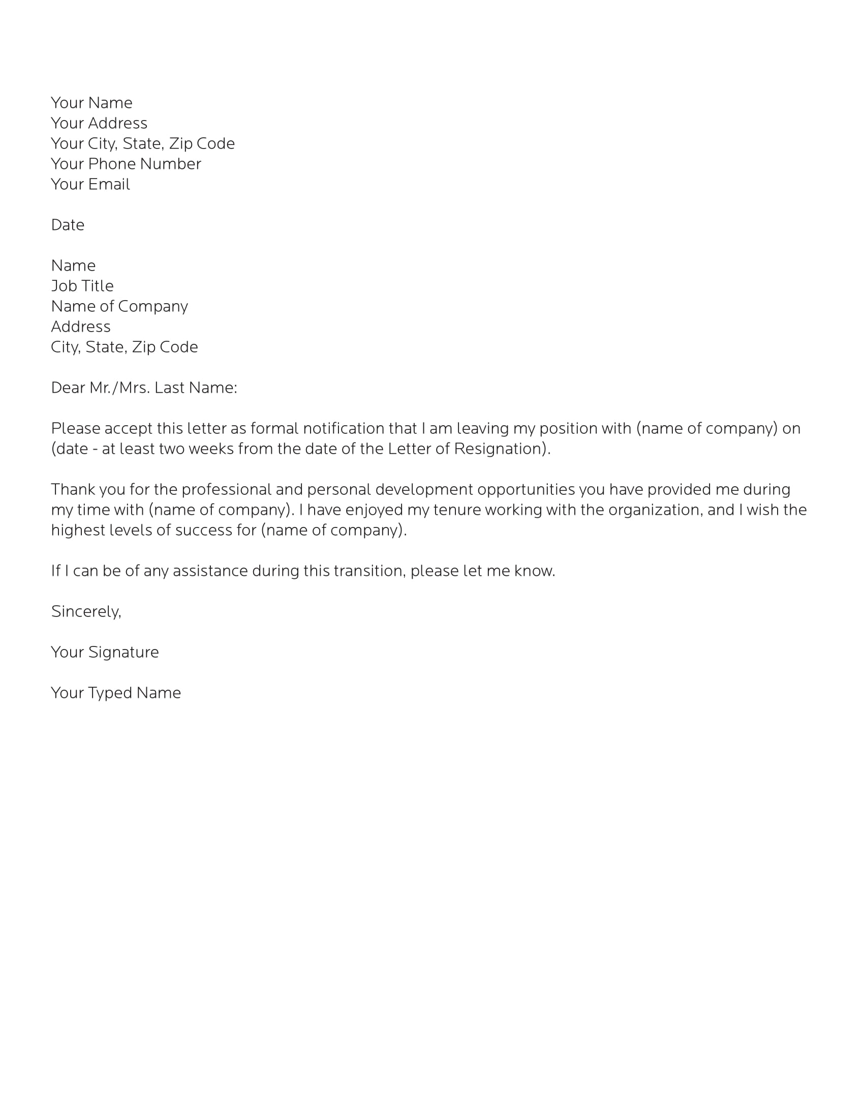 copy letter of resignation