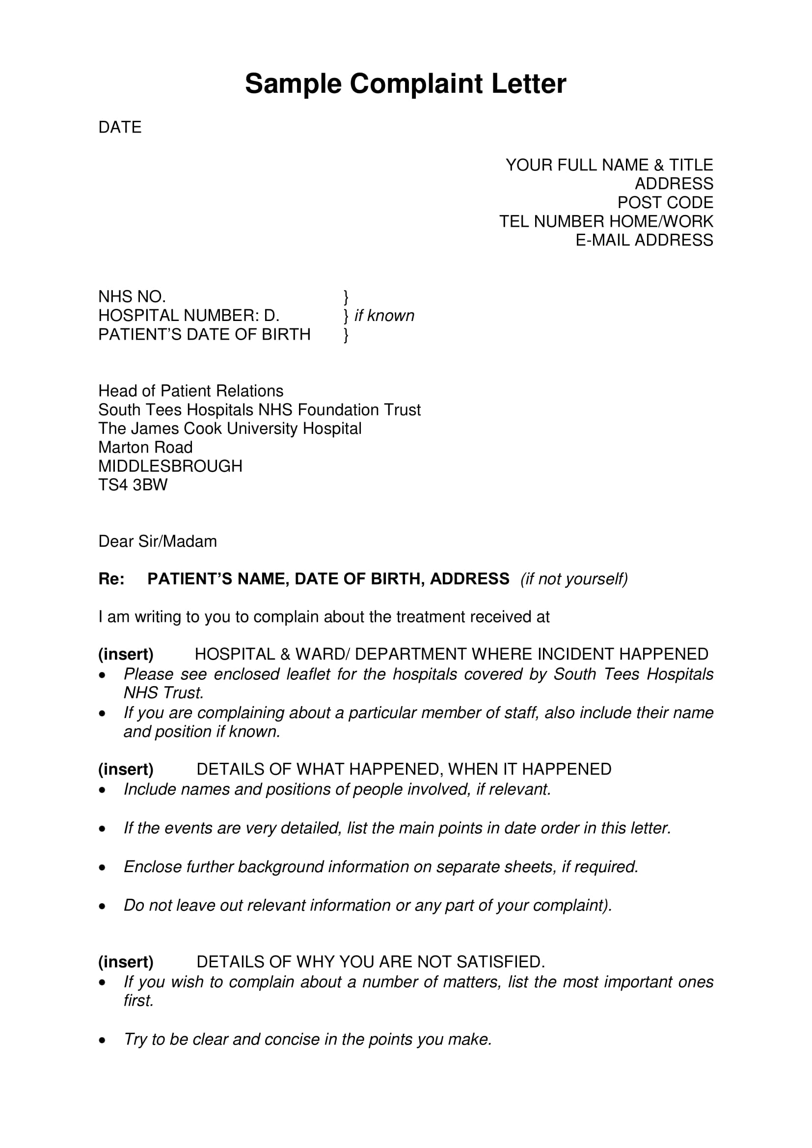 Sample Of Complaint Letter