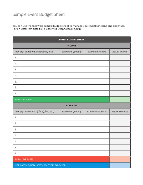 Sample Event Budget Sheet