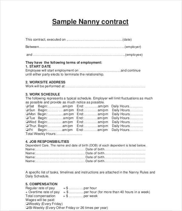 sample nanny contract 