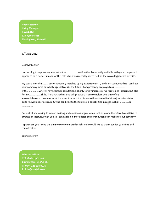 Sample Simple Cover Letter Fill in the Blanks