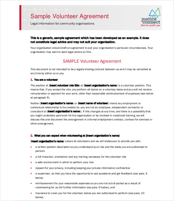 sample volunteer agreement 