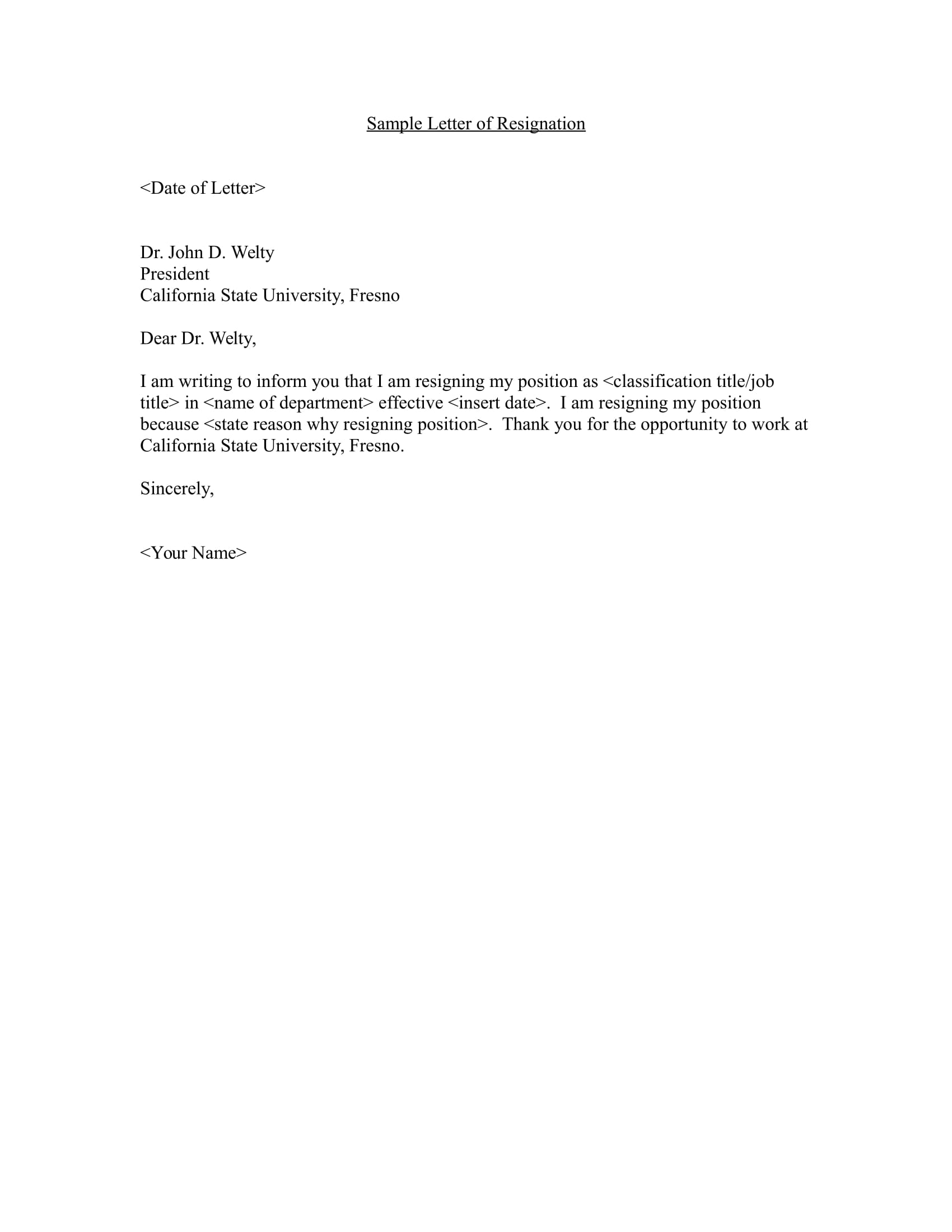 sample resignation letter