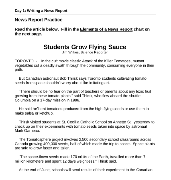 school newspaper report writing example