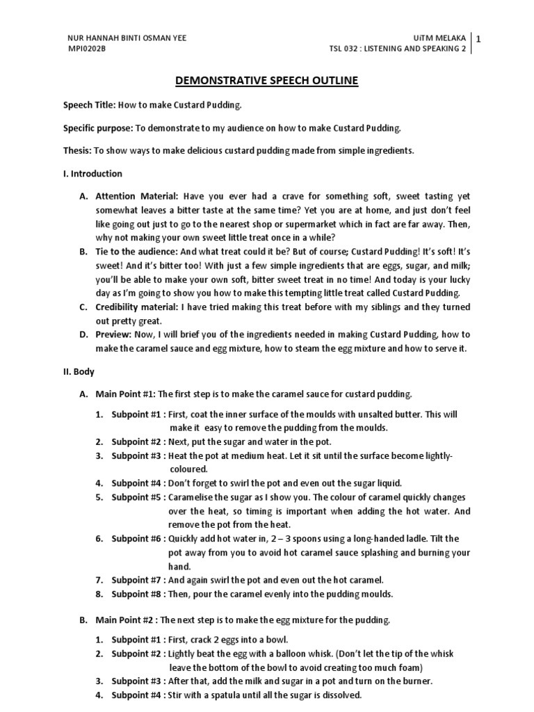 demonstration speech outline example