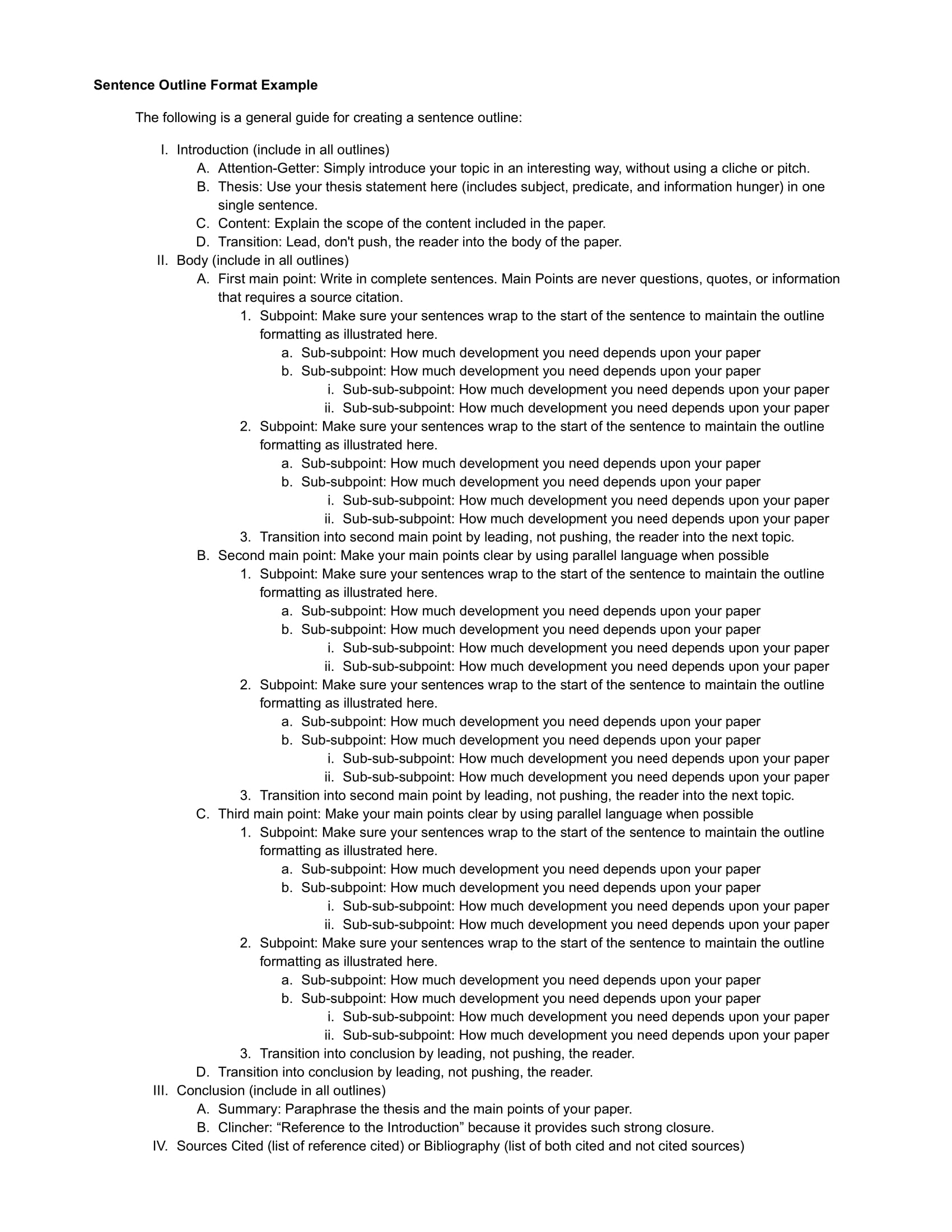 Sentence Outline Format Example