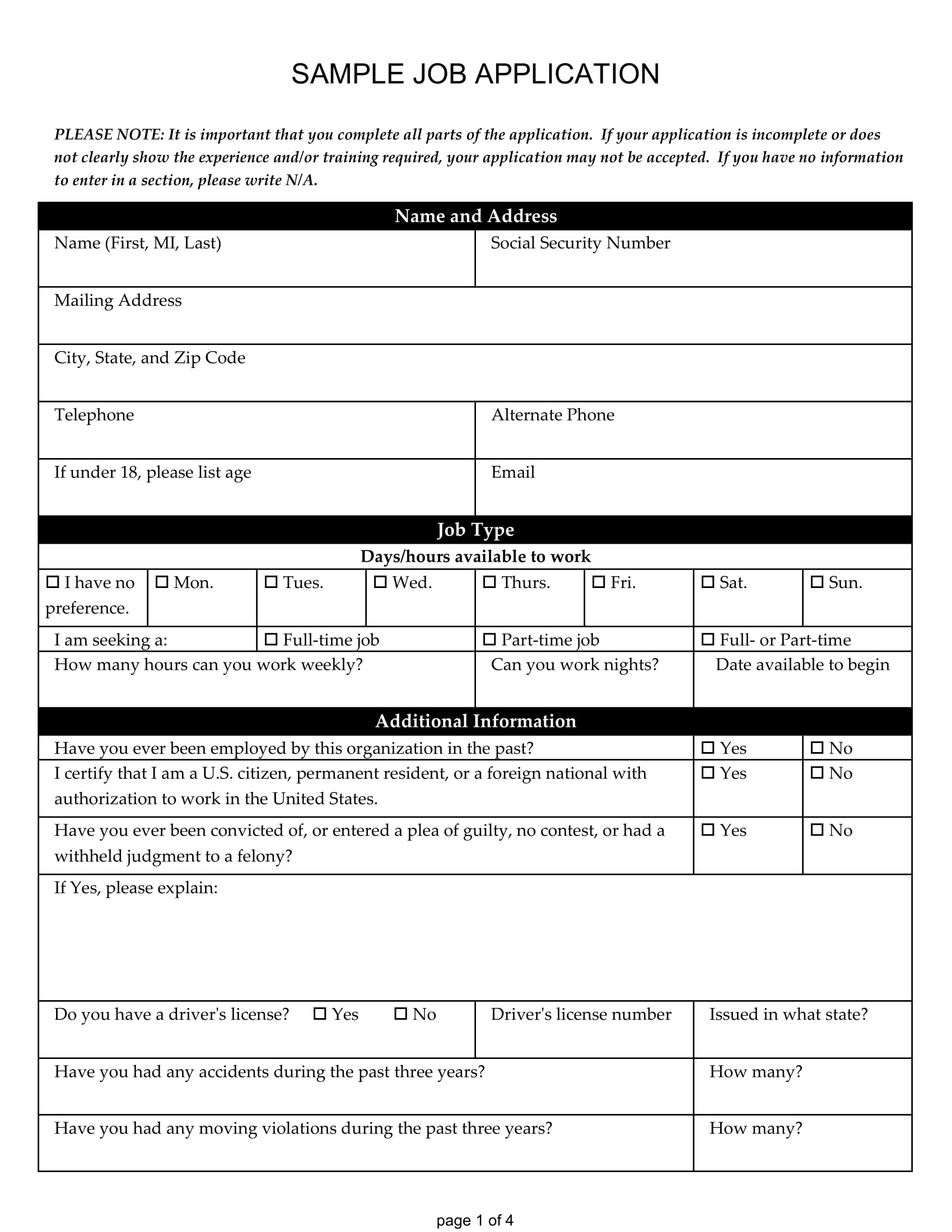 Sample Printable Job Application Forms Printable Forms Free Online