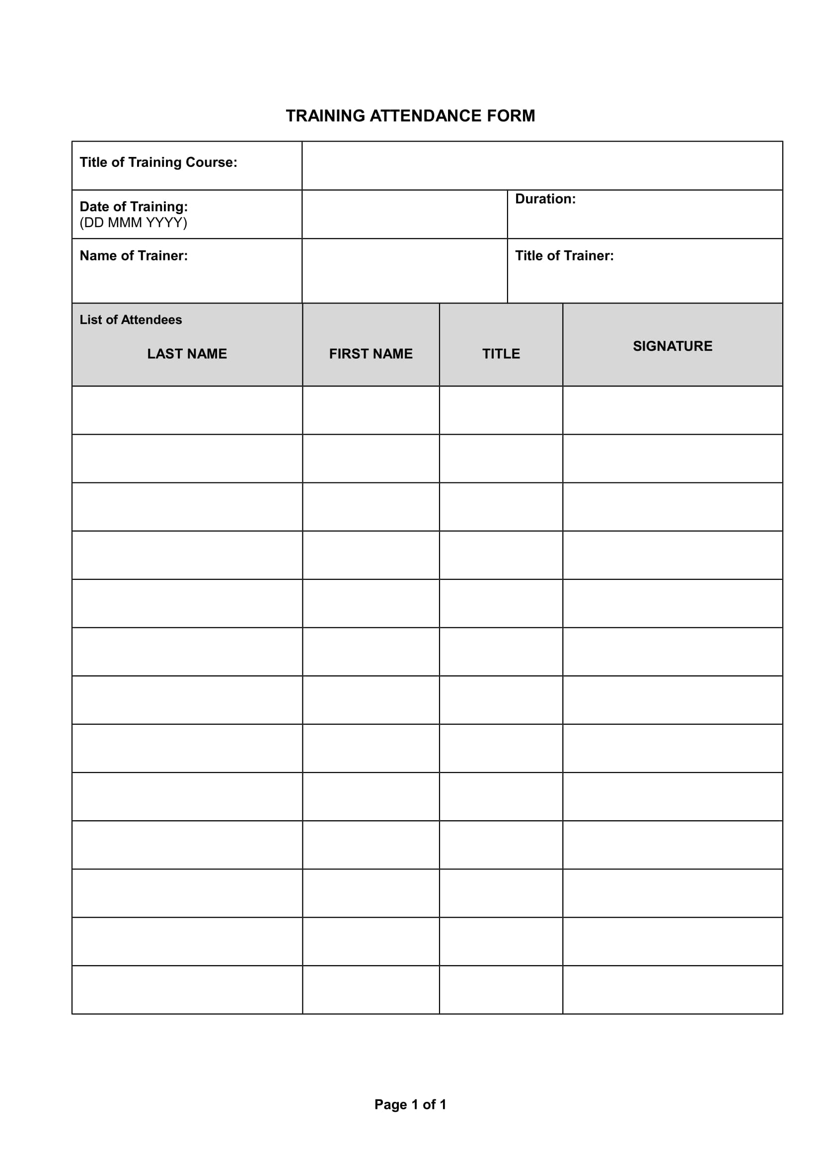 Free Training Attendance Sheet Template Word