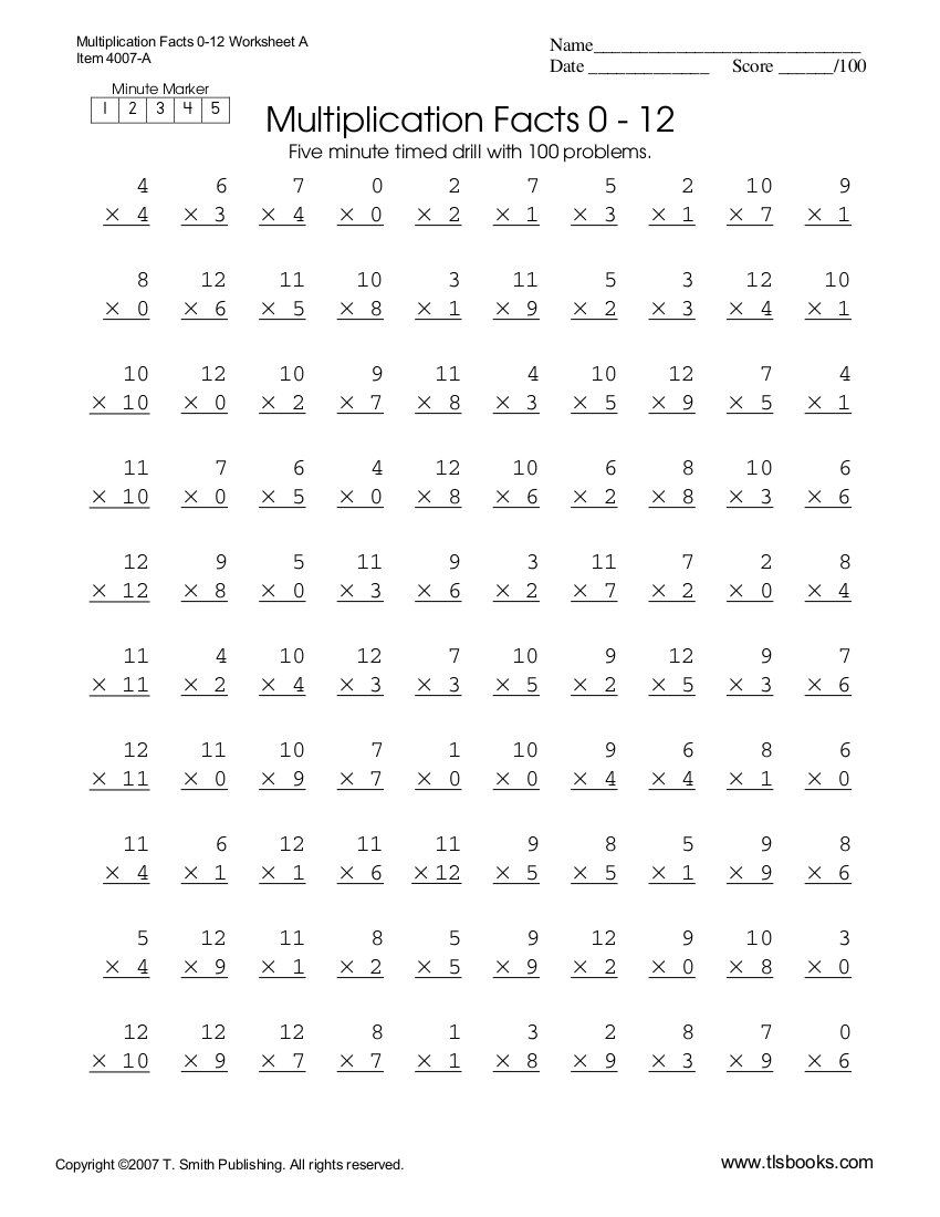 Multiplication Facts 0 12 Printable Printable World Holiday