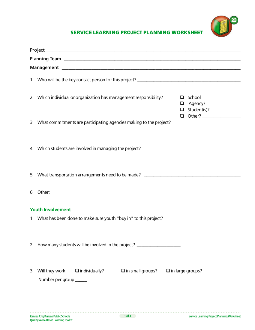 3service learning project planning worksheet