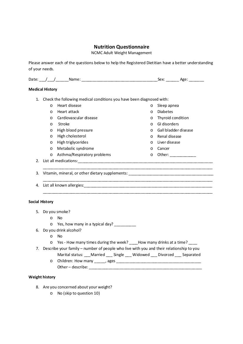 15 Diet Questionnaire Examples To Download