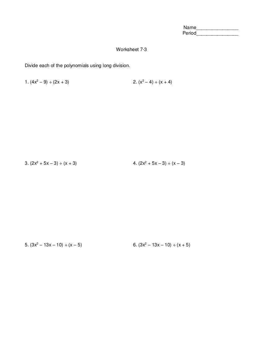 Dividing Polynomials Worksheet Answers