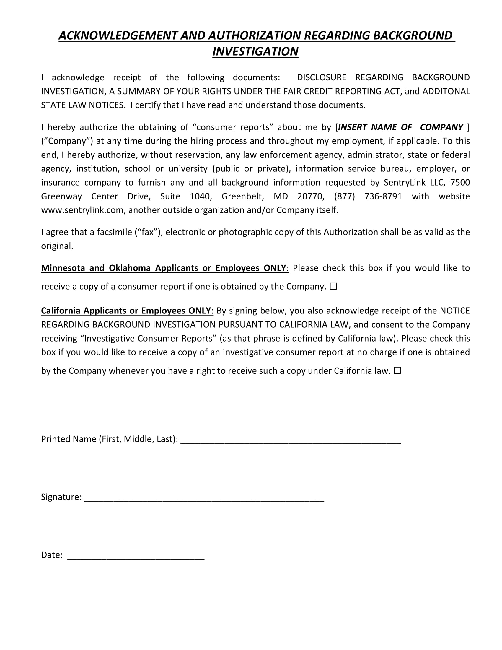 acknowledgment and authorization regarding background investigation form