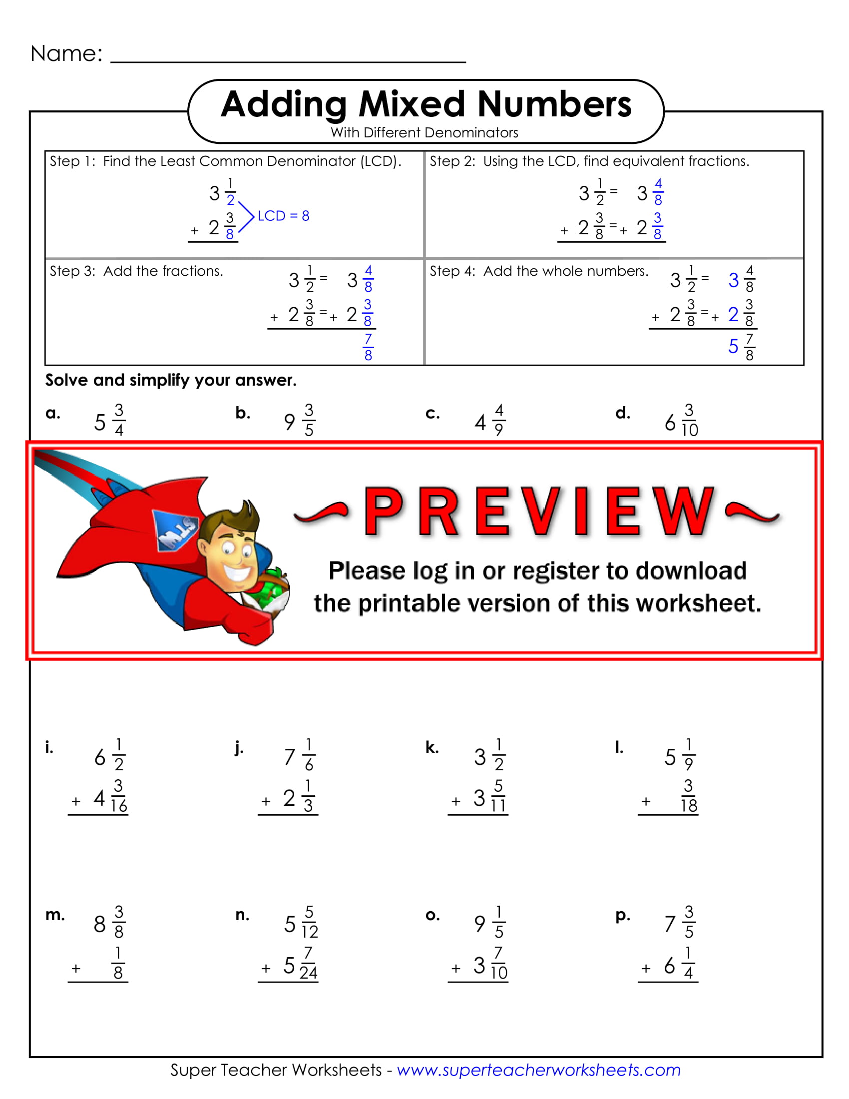 Adding Mixed Numbers Sample Worksheet