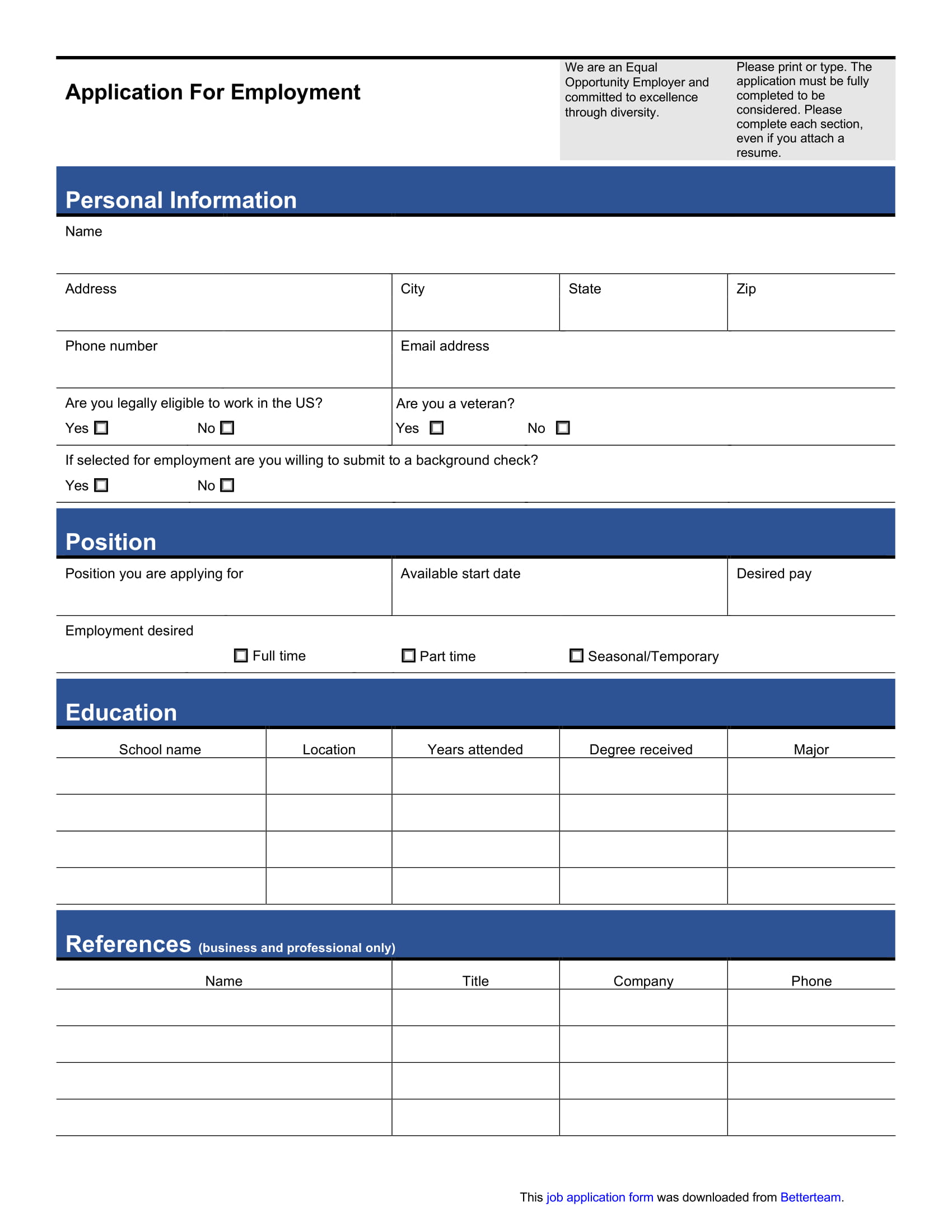 application for employment form example