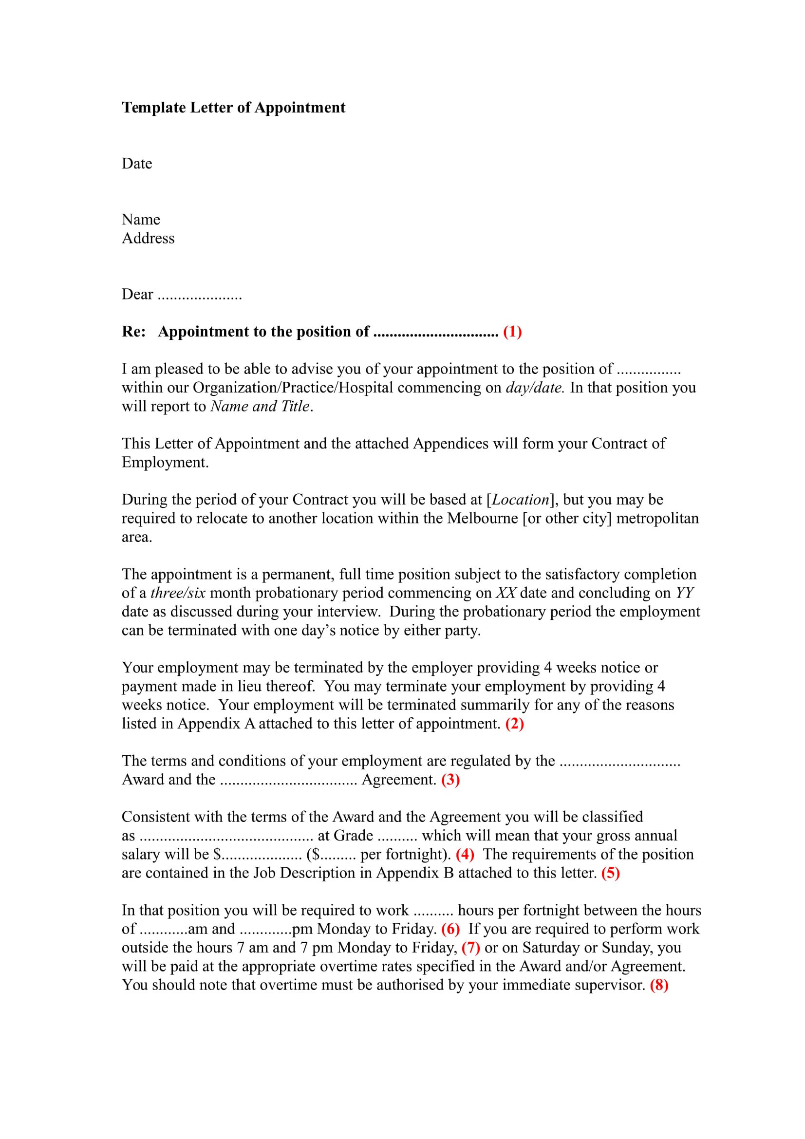 appointment letter template sample