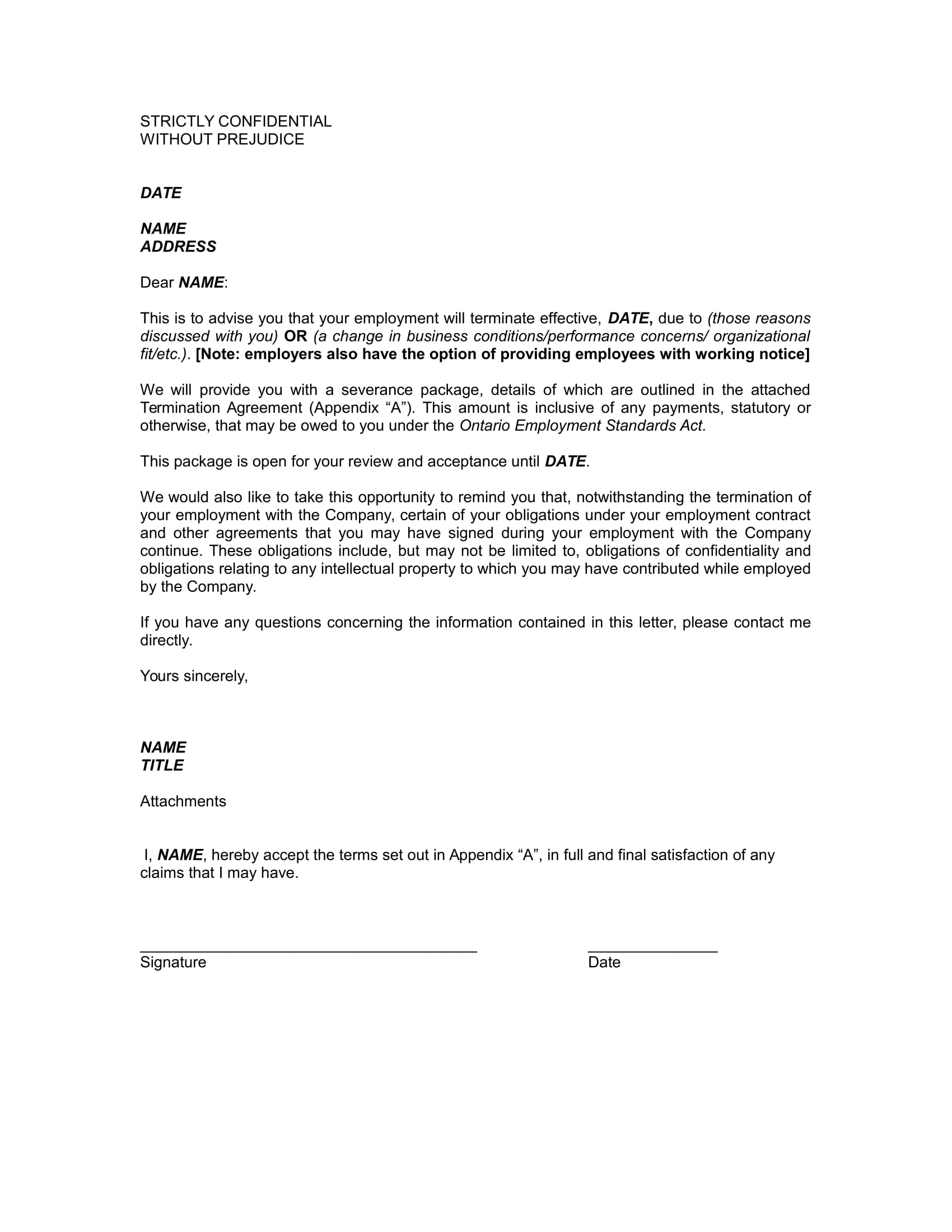 basic employee termination letter