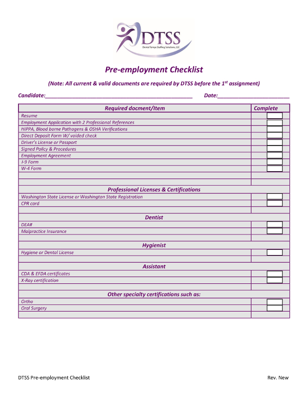 Basic Pre-Employment Checklist Example