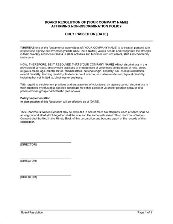 board resolution of 22company22affirming non discrimination policy
