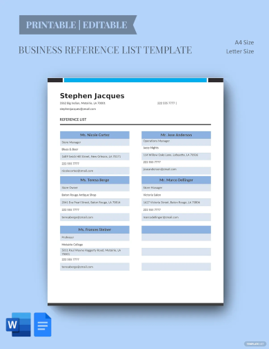 business reference list template