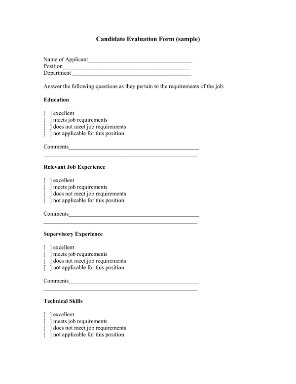 Candidate Evaluation Form Sample Master of Template Document