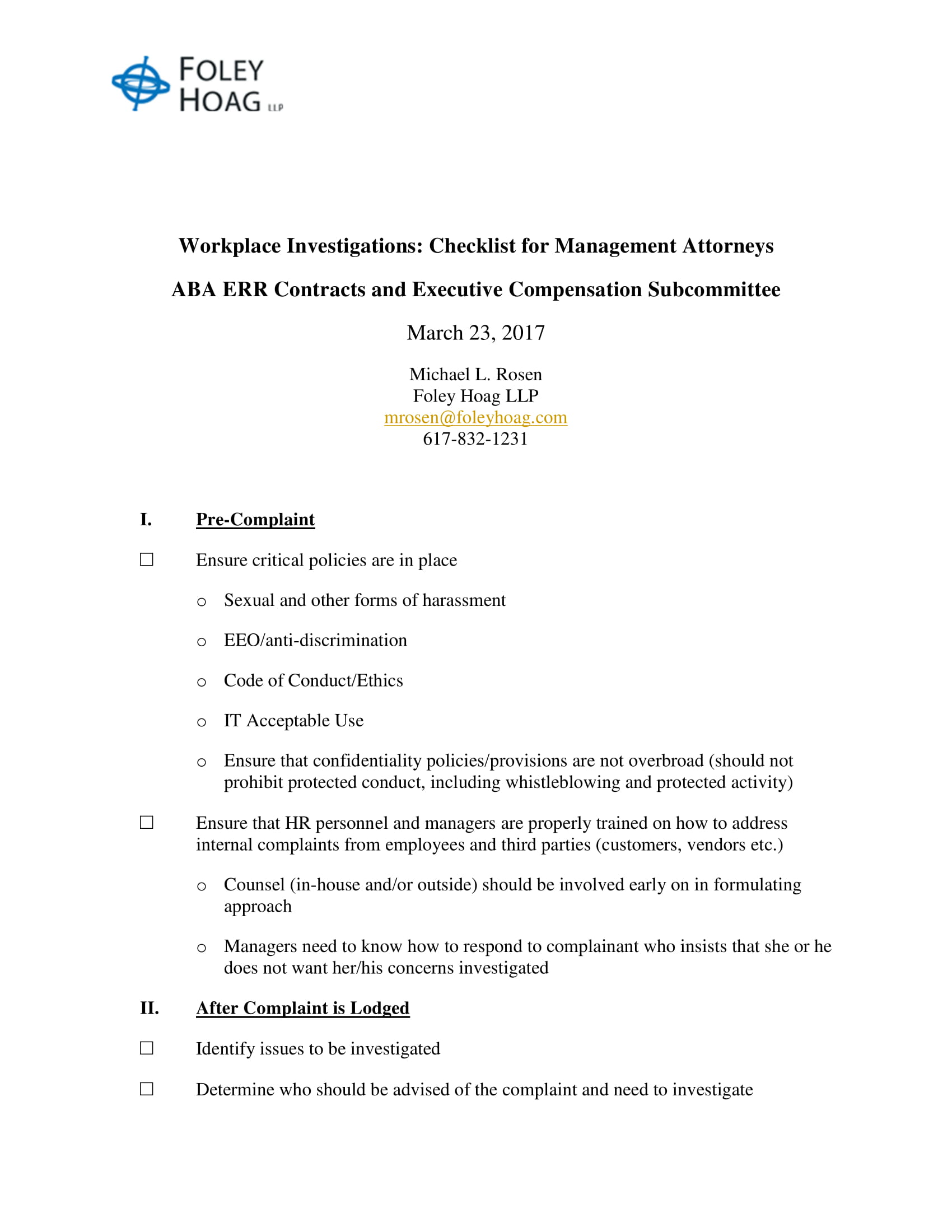 checklist for workplace investigations due to harassment complaints example