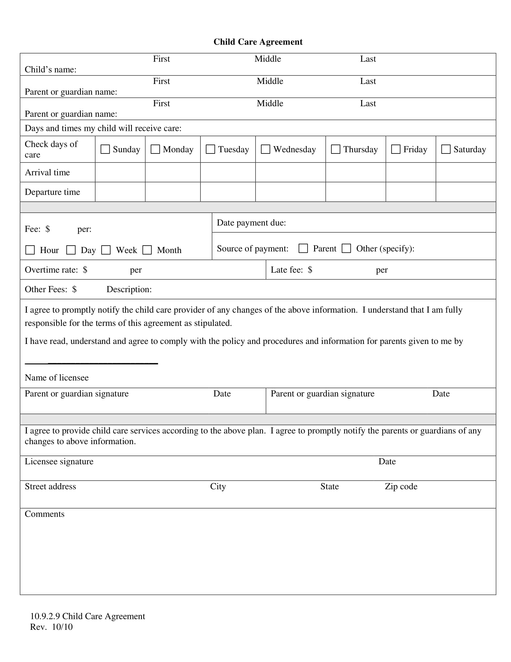 Child care arrangement template