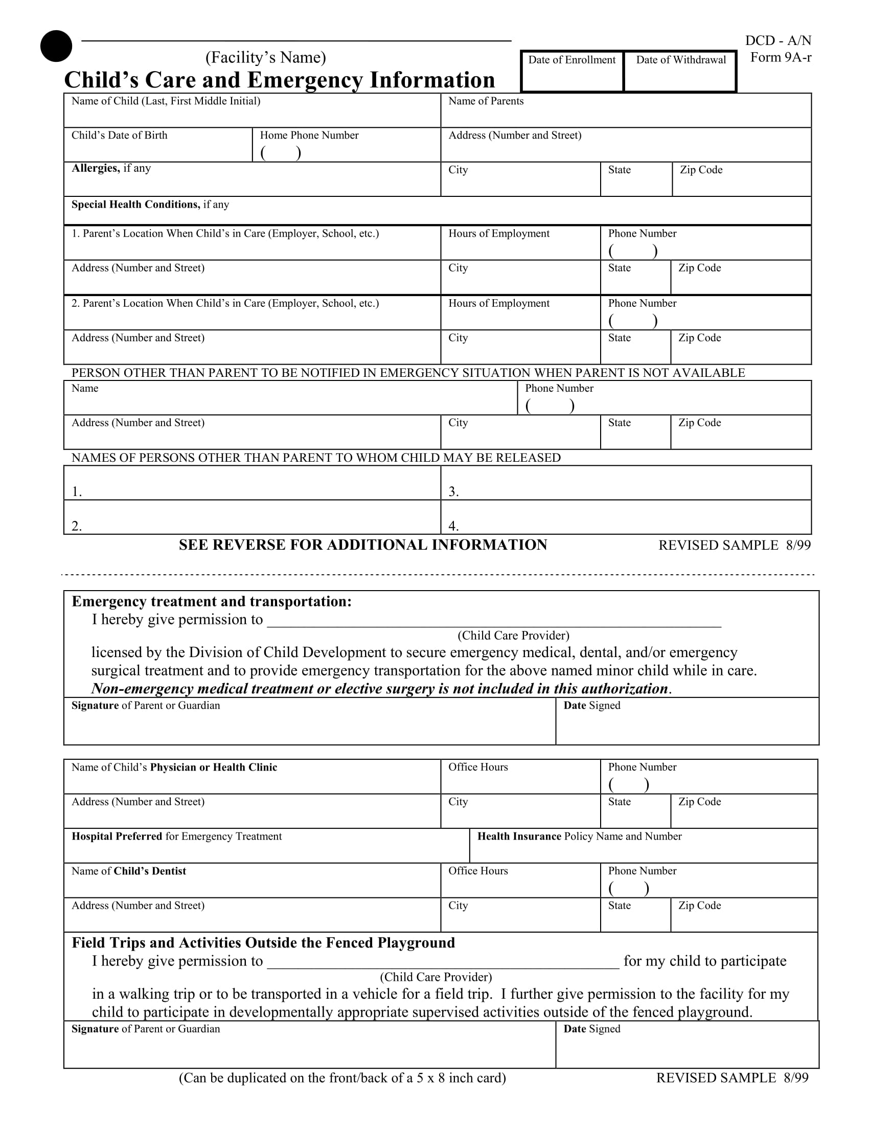 childs care and emergency information form