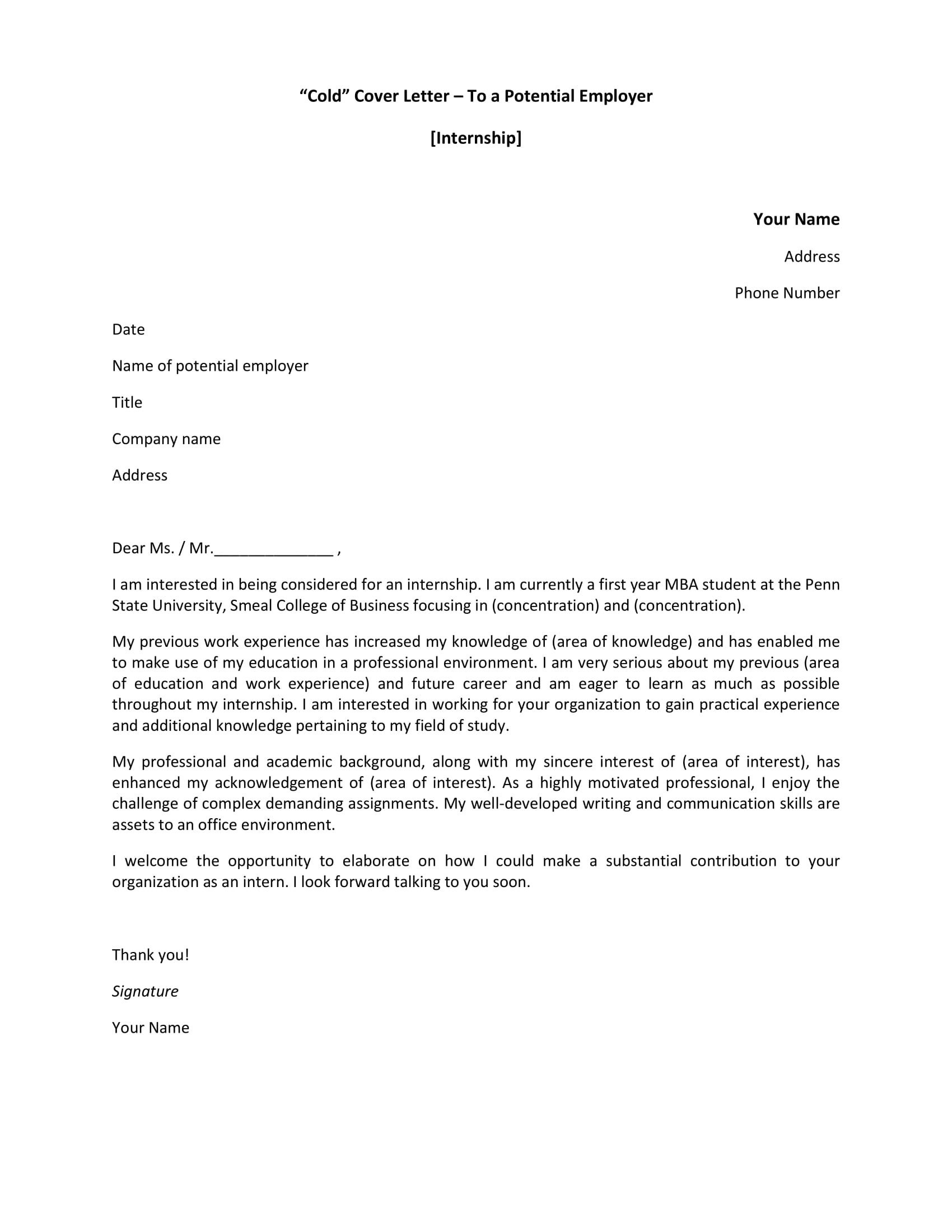 application letter for an internship sample