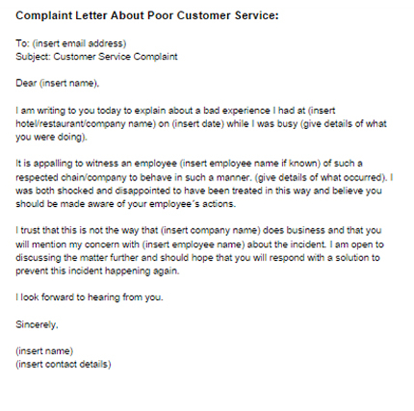 complaint letter on poor customer service example