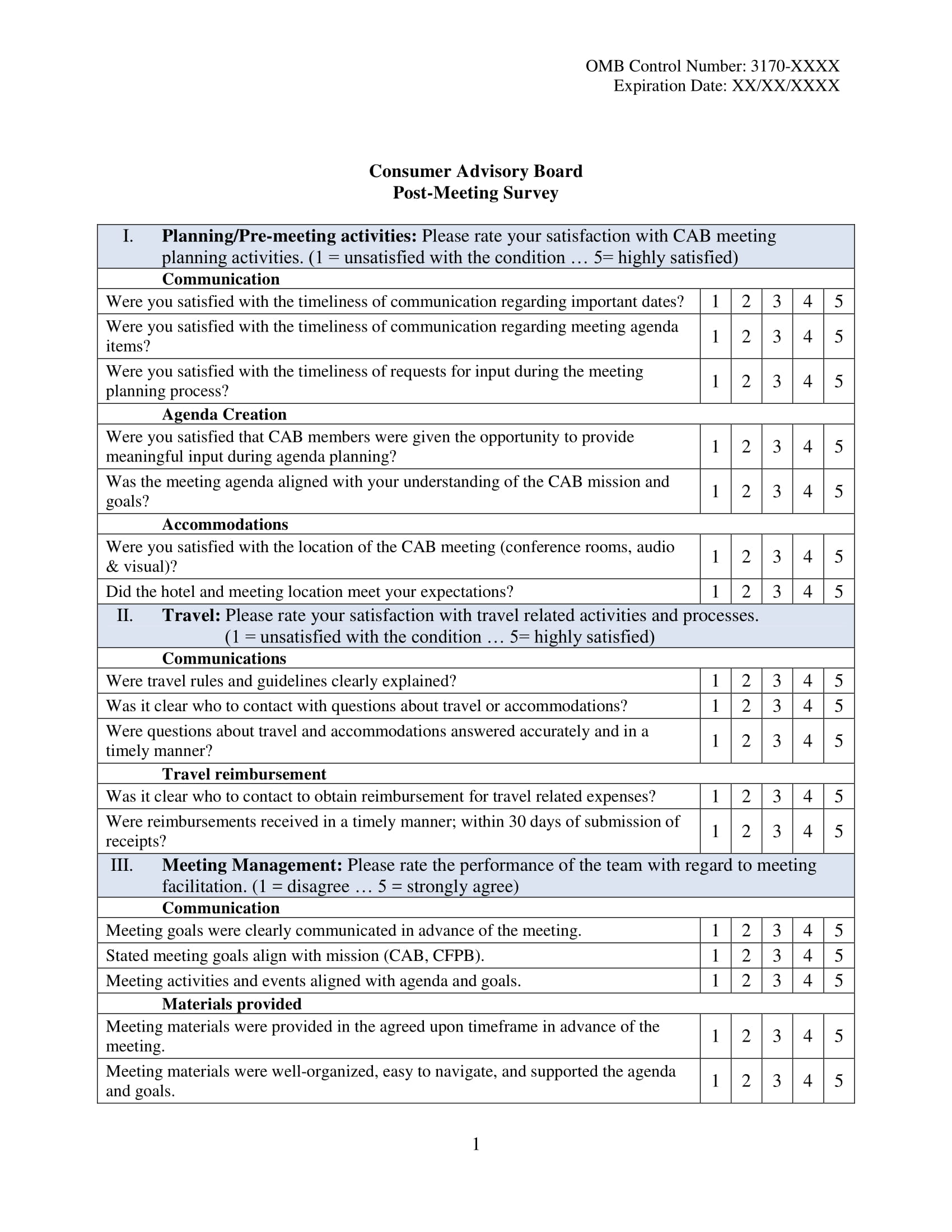 Consumer Advisory Board Post-Meeting Survey Example