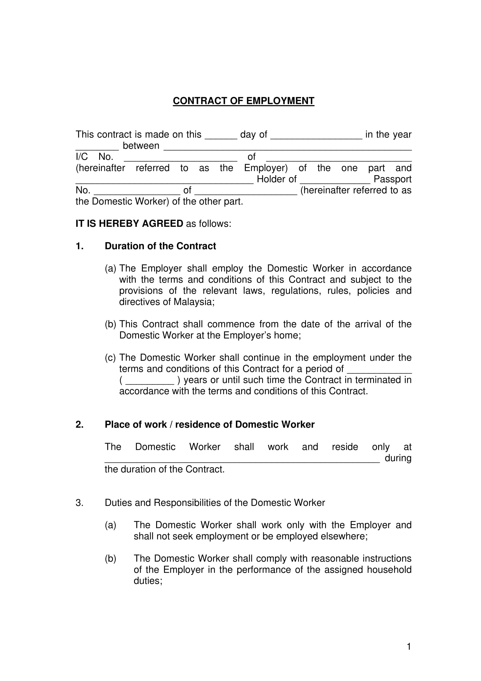 Contract of Employment Template Sample