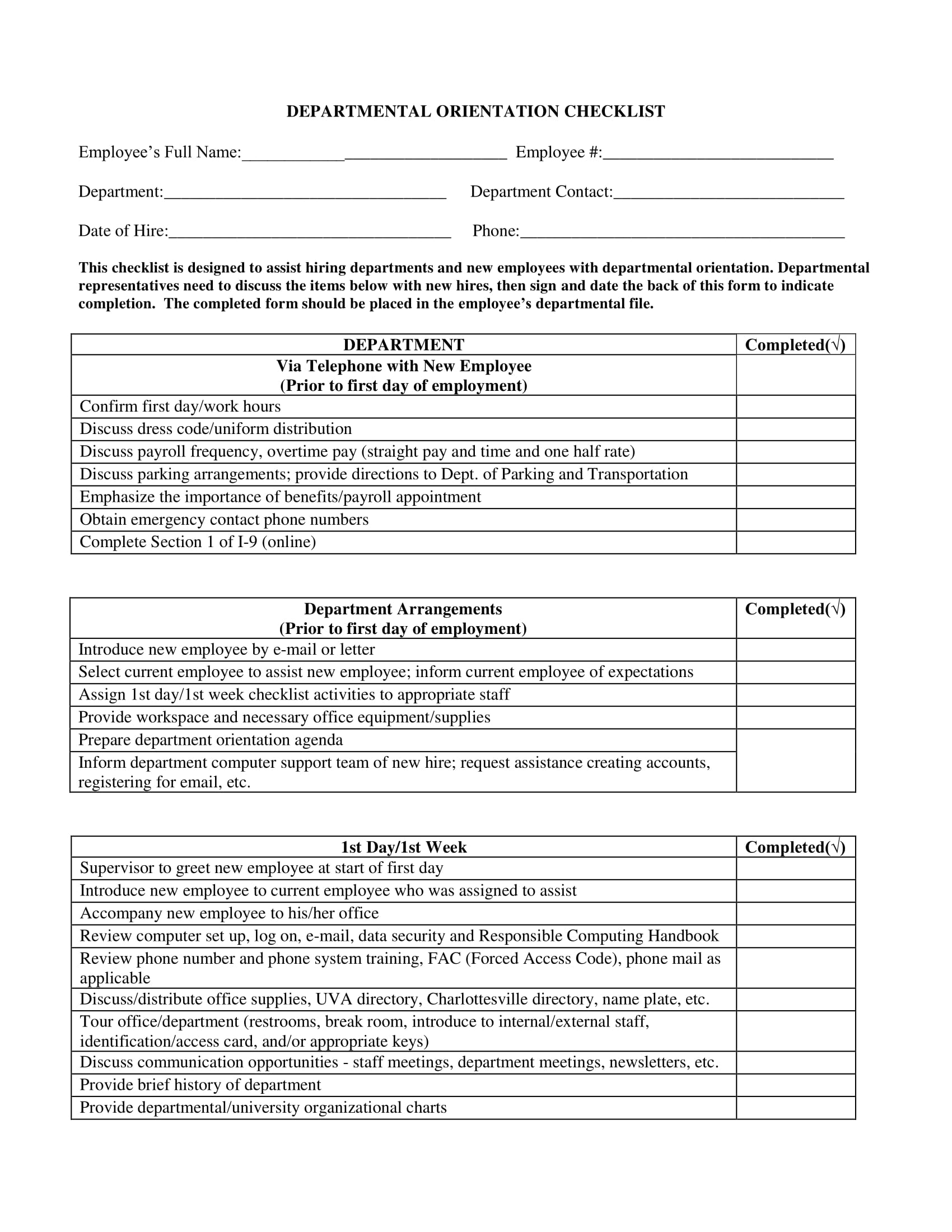 Departmental Orientation Checklist for New Employees