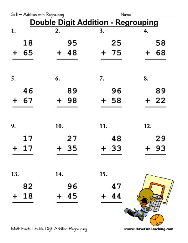 double digit addition regrouping worksheet example