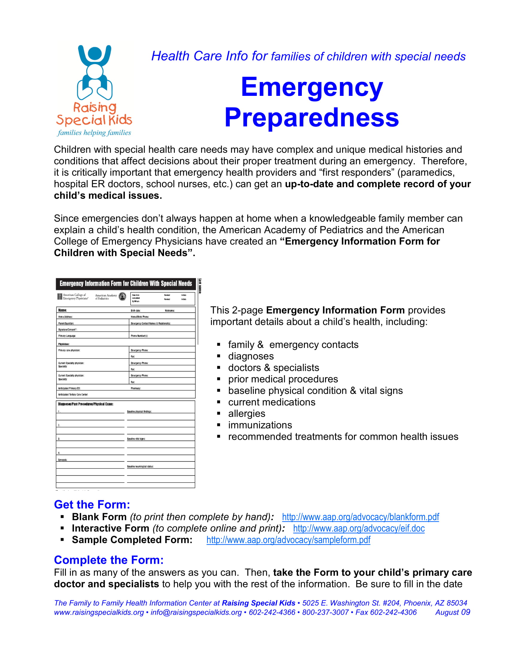 emergency information form for children with special needs