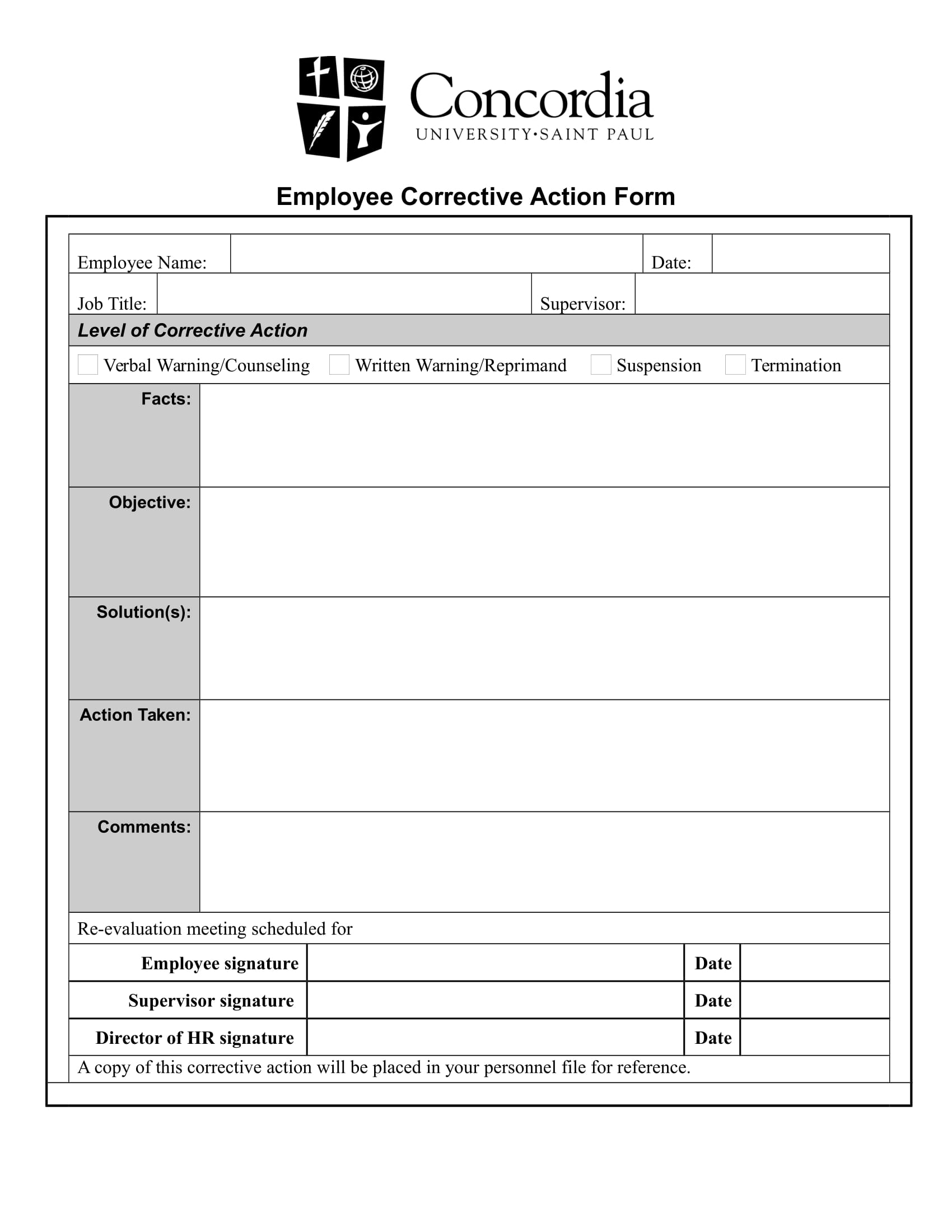 employee corrective action form example