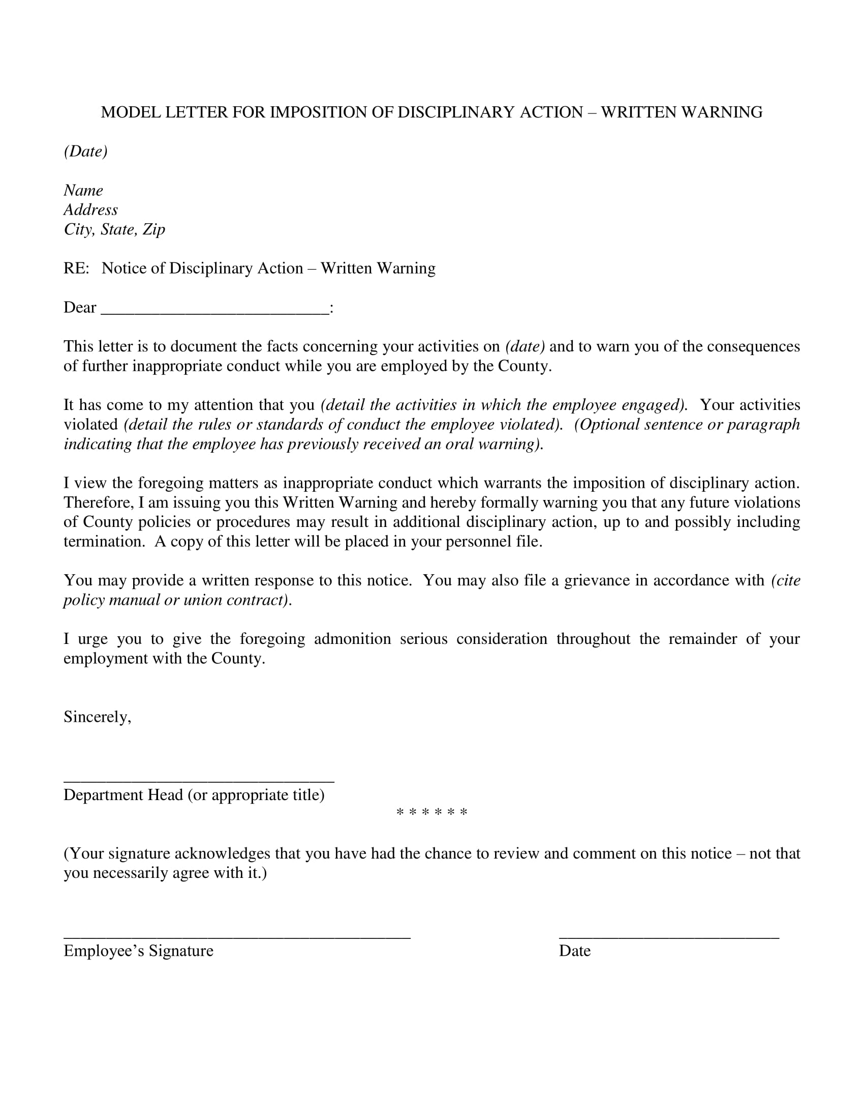 Warning Letter To Employee For Poor Performance Pdf Infoupdate org