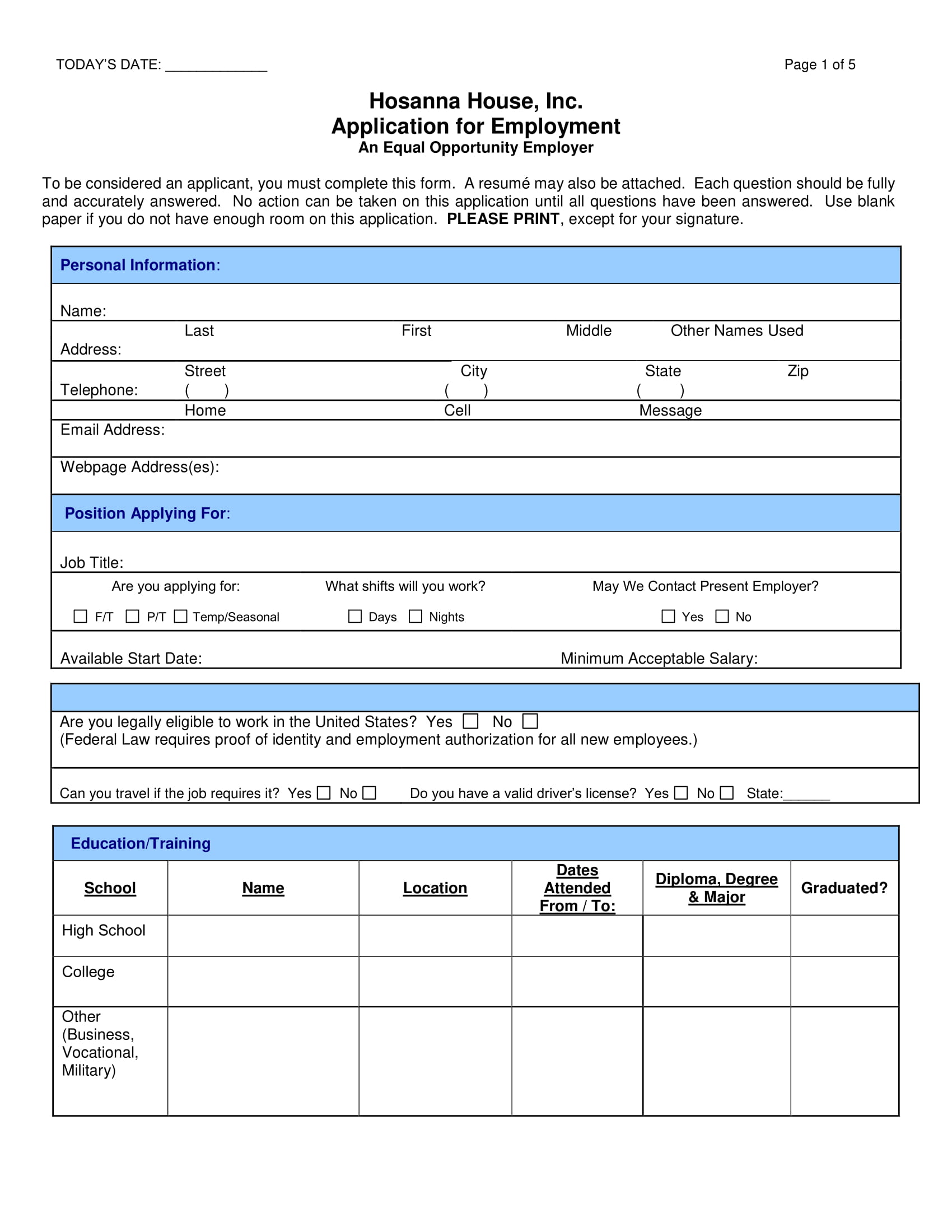 Employment Application Form Example