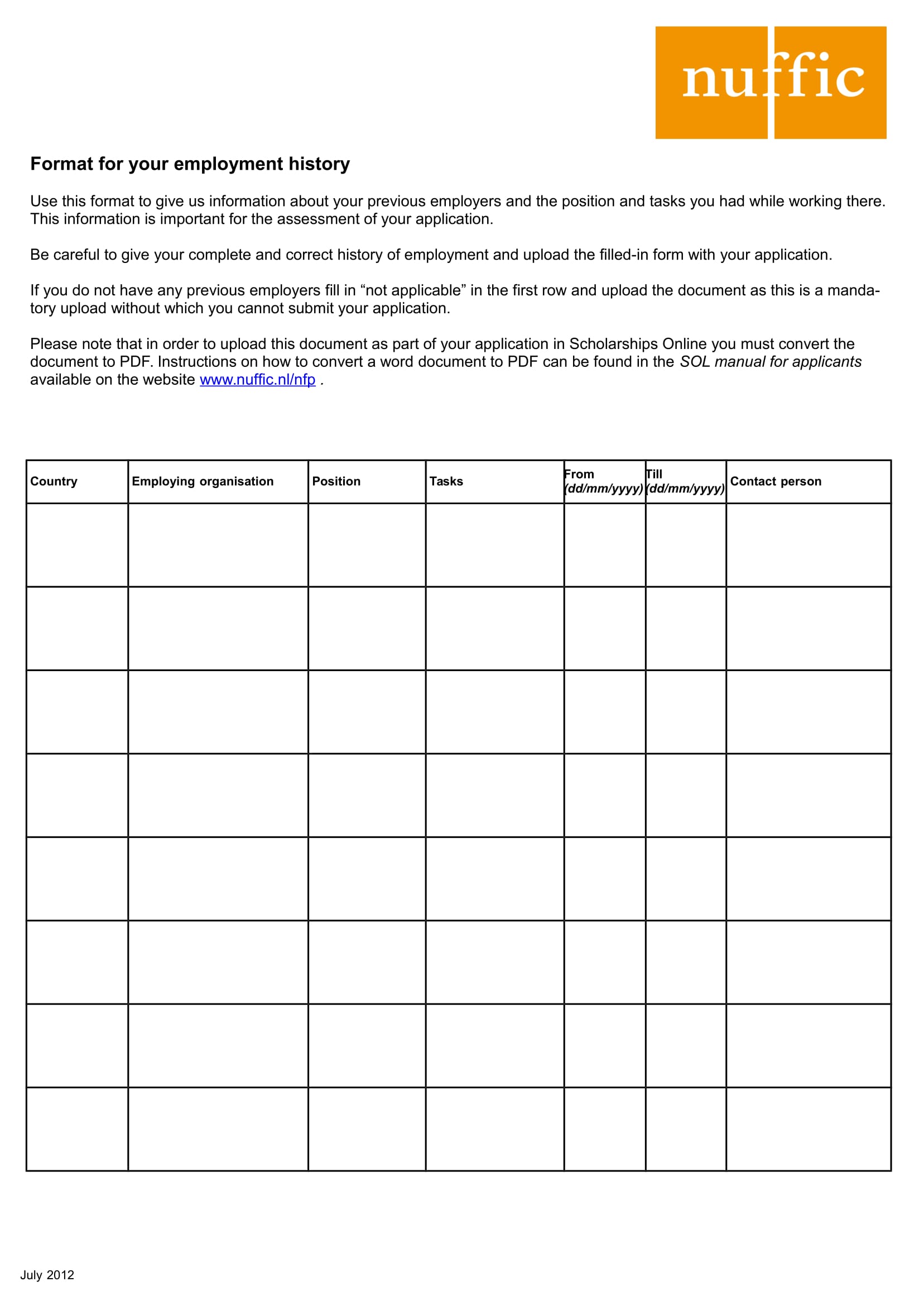employment history form format sample