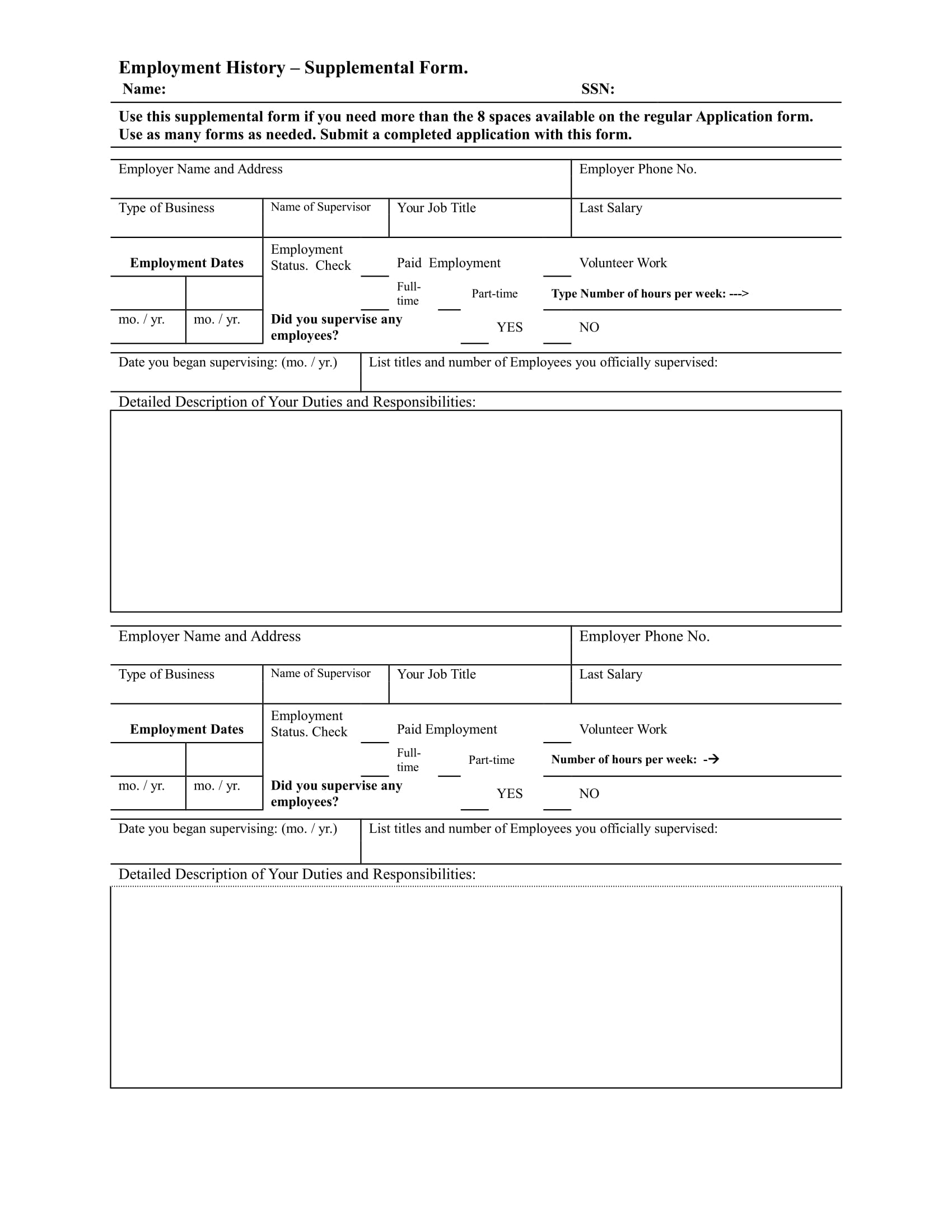 employment history supplemental form example