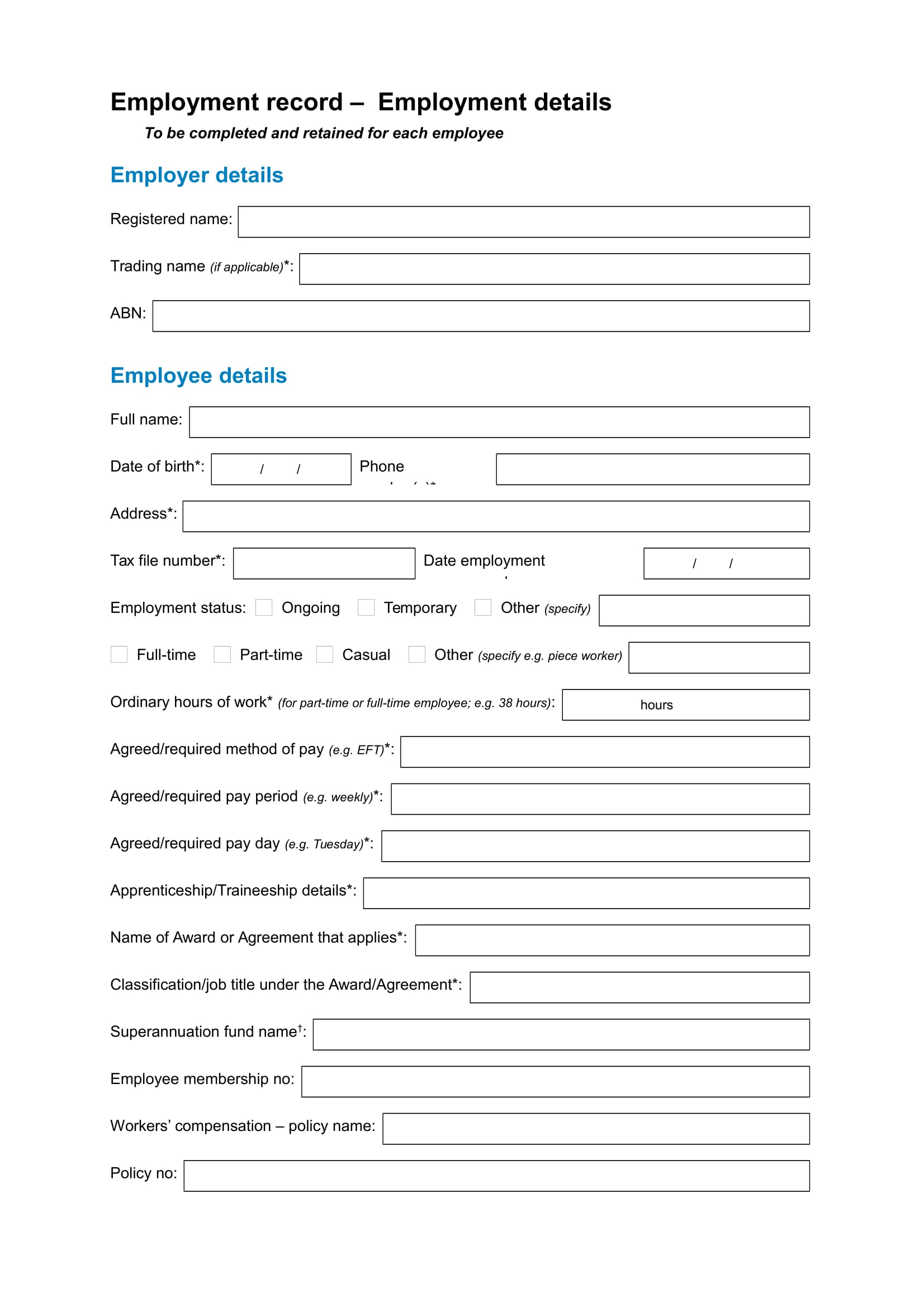 Employment History Form Template