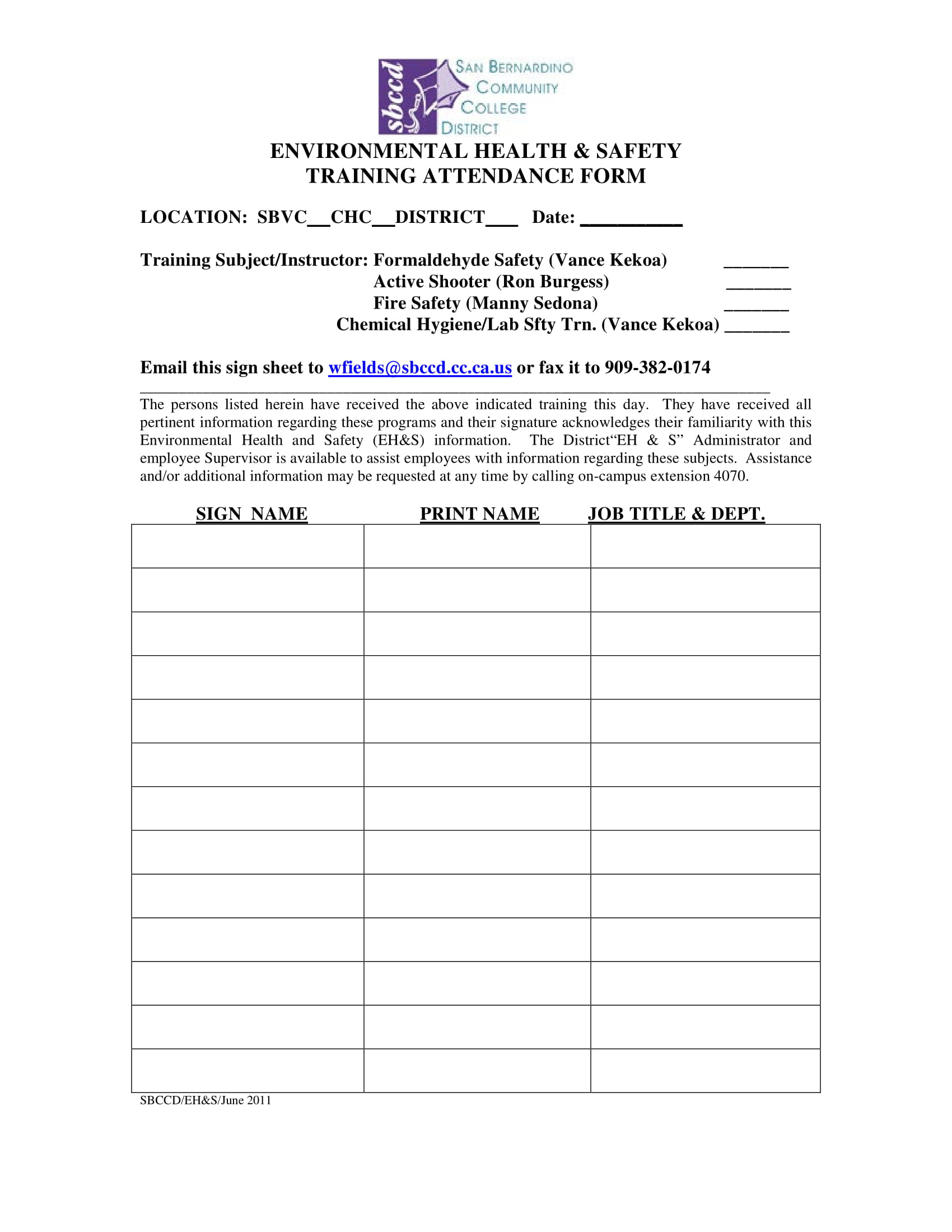environmental health and safety employee training attendance form