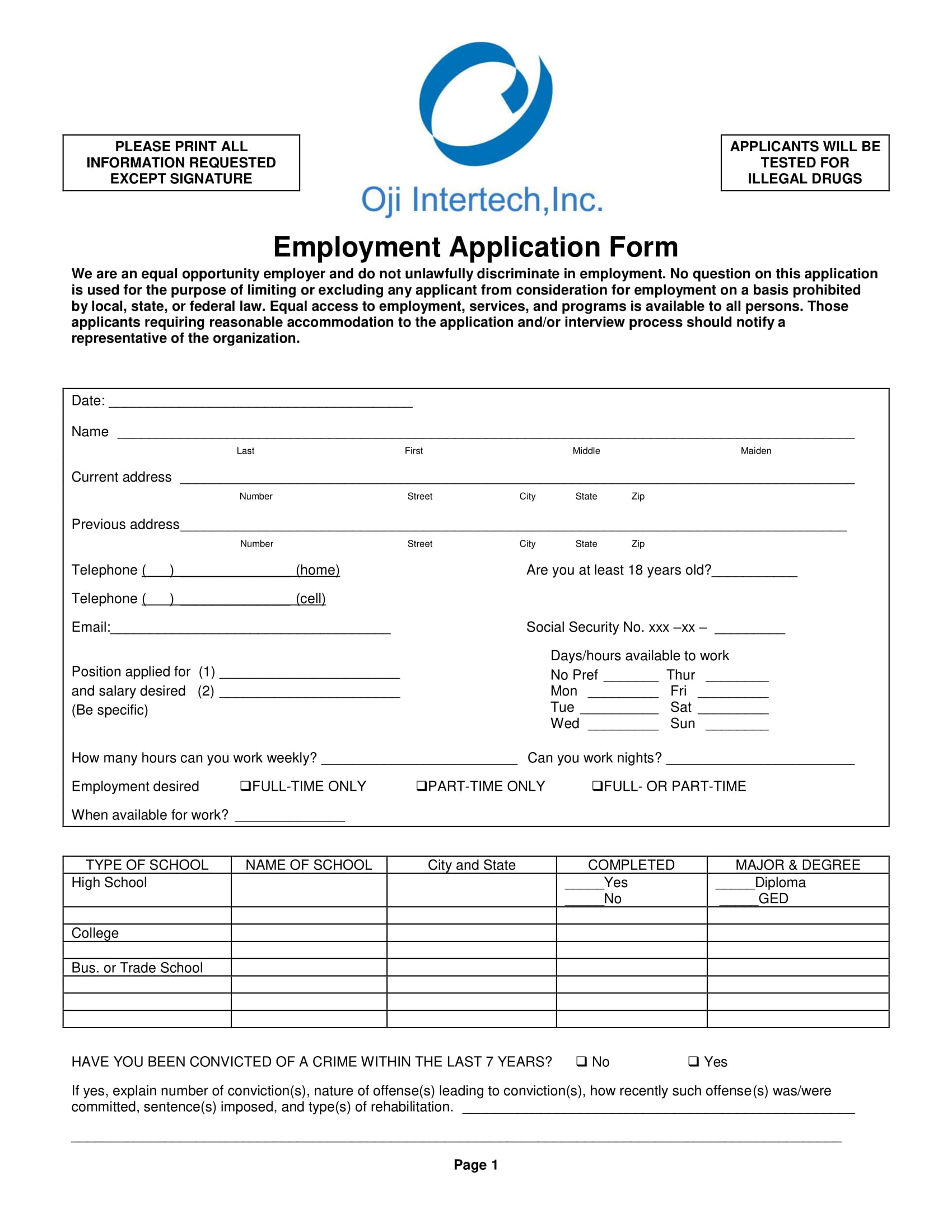 Employment Application Form Example