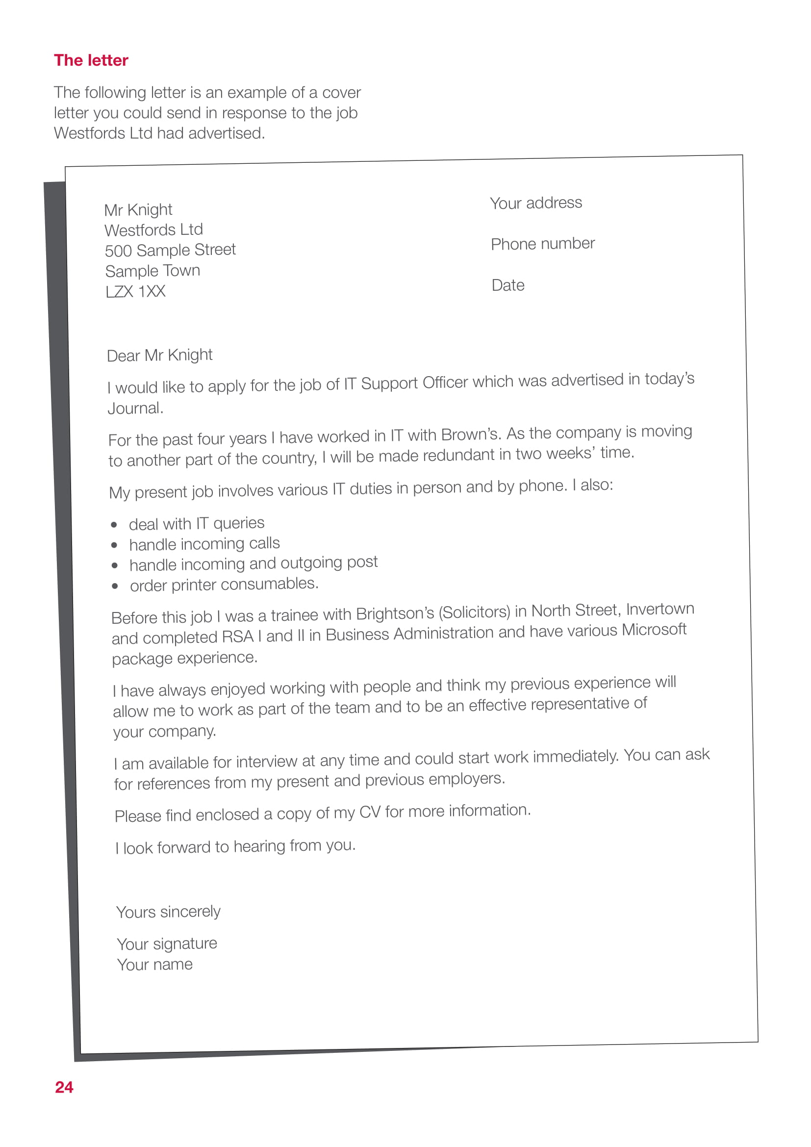 example format of professional cover letter