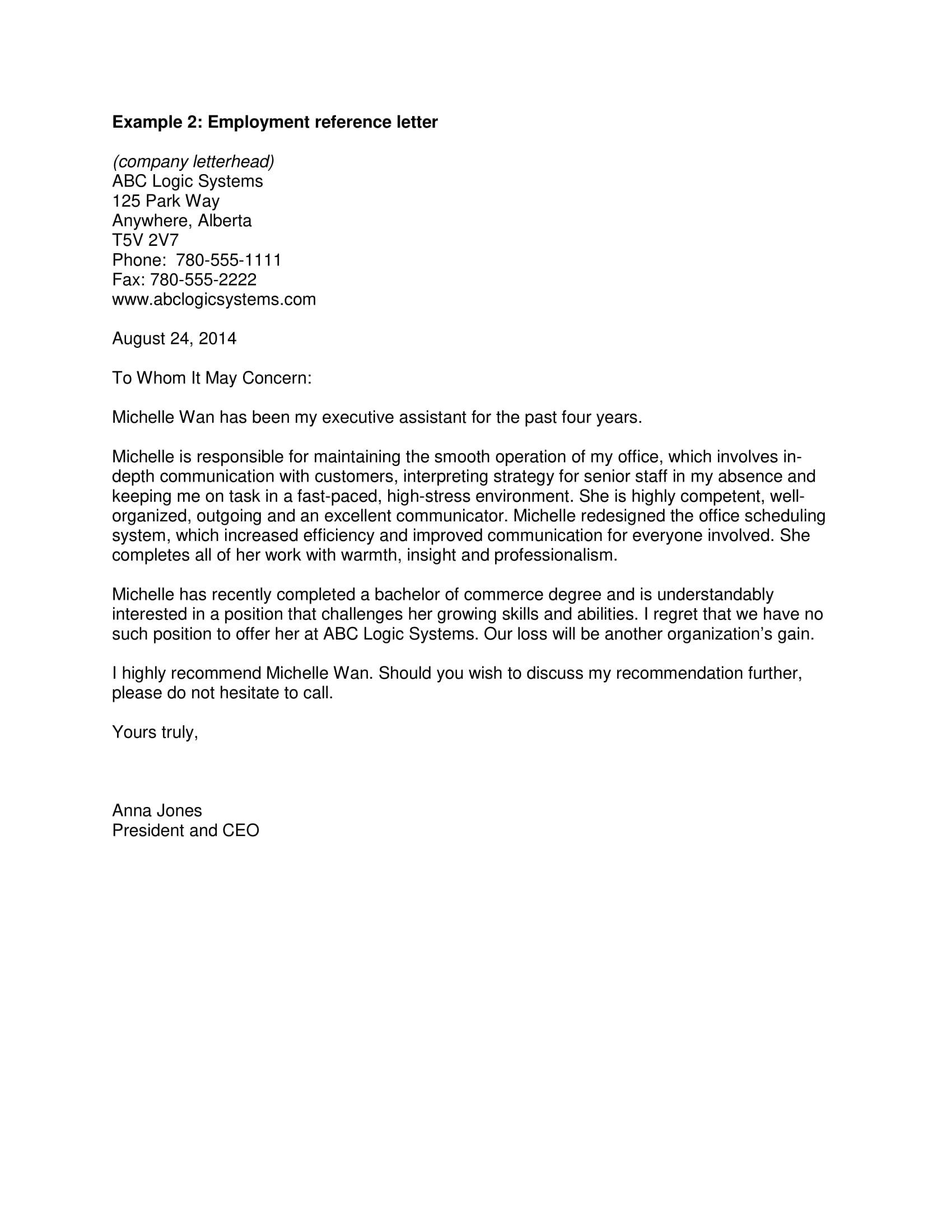 executive assistant employment reference letter example 1