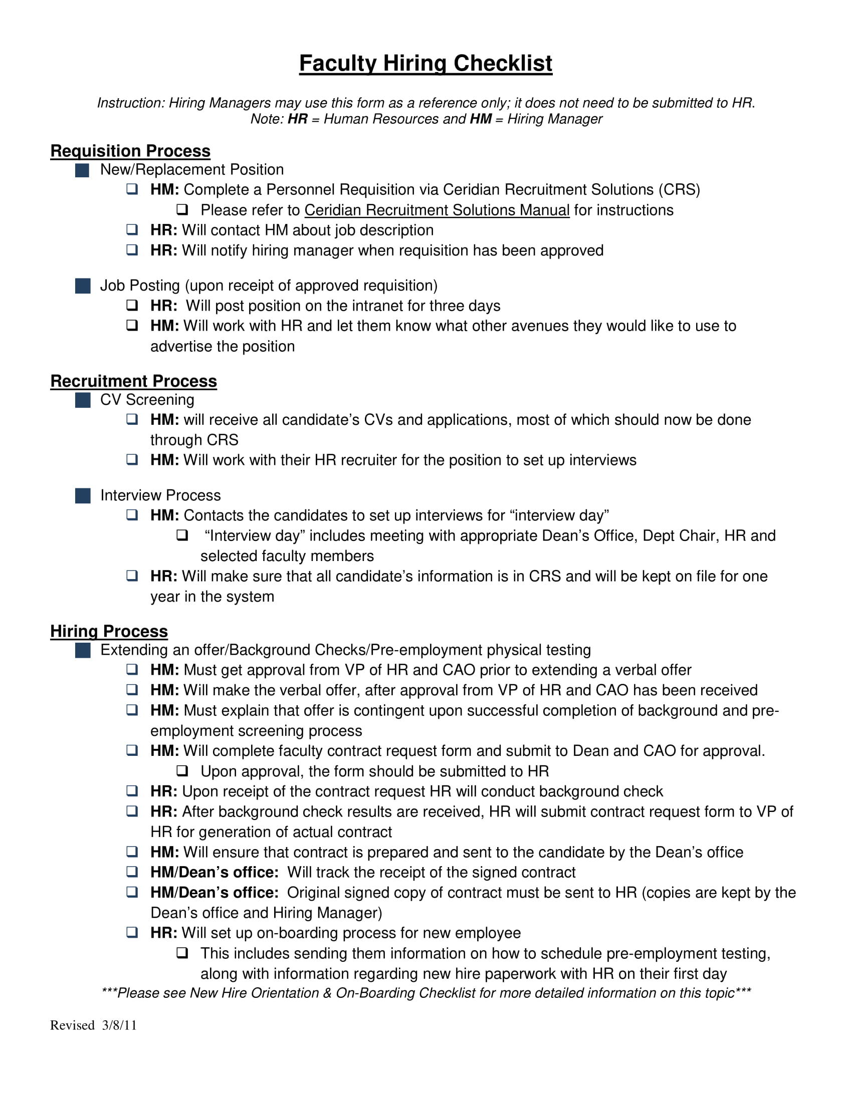 faculty hiring checklist 