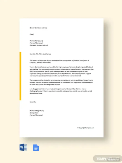 free employee termination letter due to poor performance template